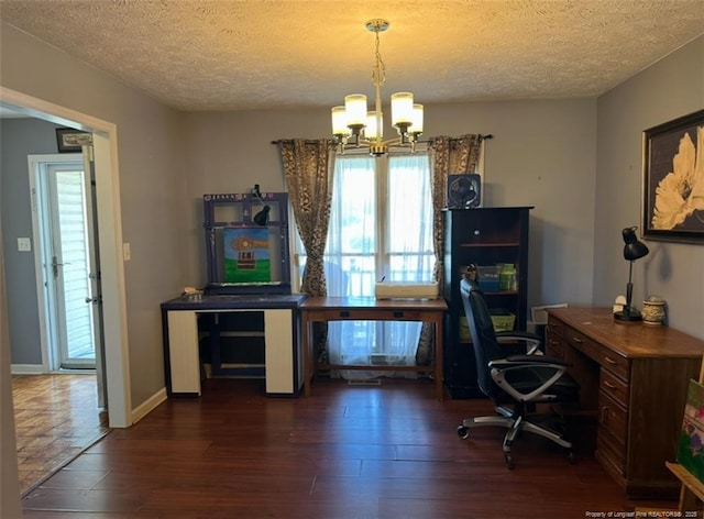 7453 Avila Dr, Fayetteville, NC 28314 - office area with a chandelier, hardwood / wood-style floors, and a textured ceiling