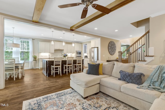 3650 Brooks Bnd, Franklinton, NC 27525 - living room with dark wood finished floors, beam ceiling, ceiling fan, recessed lighting, and crown molding