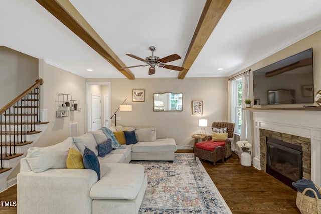 3650 Brooks Bnd, Franklinton, NC 27525 - living room featuring stairs, dark wood-style flooring, a ceiling fan, beamed ceiling, and a fireplace
