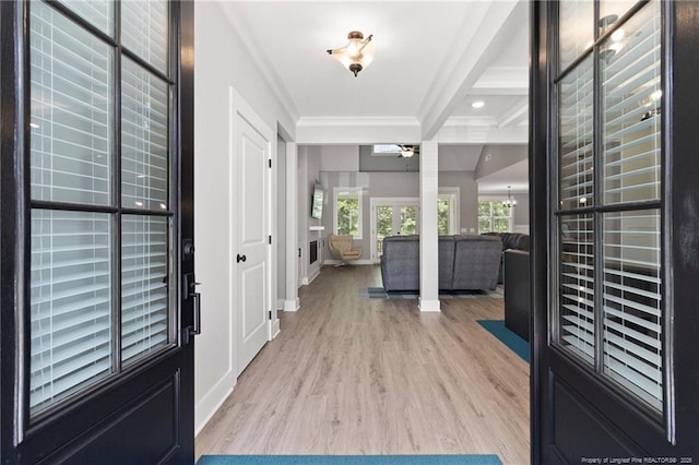 232 Captain Hbr, Sanford, NC 27332 - foyer entrance with crown molding, light wood finished floors, and ceiling fan
