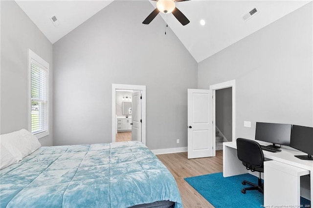 232 Captain Hbr, Sanford, NC 27332 - bedroom featuring high vaulted ceiling, light wood finished floors, an office area, and ceiling fan