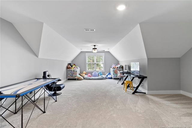 232 Captain Hbr, Sanford, NC 27332 - playroom featuring carpet, lofted ceiling, and ceiling fan