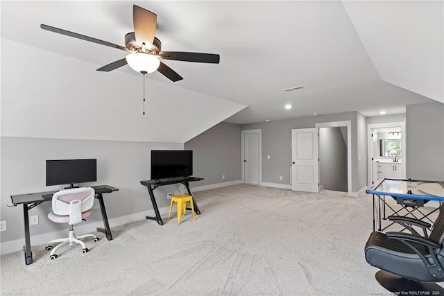 232 Captain Hbr, Sanford, NC 27332 - office area featuring ceiling fan, light carpet, recessed lighting, and lofted ceiling