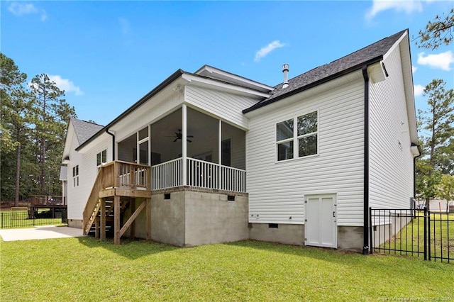 232 Captain Hbr, Sanford, NC 27332 - rear view of property with a ceiling fan, a sunroom, stairs, crawl space, and a wooden deck