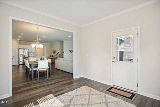 4805 Ozark St, Fuquay Varina, NC 27526 - dining area featuring a chandelier, ornamental molding, stairs, dark wood-style flooring, and recessed lighting