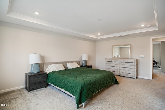 4805 Ozark St, Fuquay Varina, NC 27526 - carpeted bedroom featuring a tray ceiling, ornamental molding, and recessed lighting