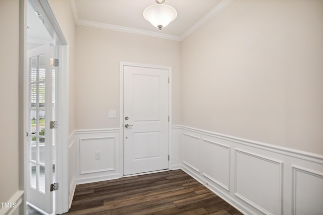 4805 Ozark St, Fuquay Varina, NC 27526 - foyer entrance with crown molding, dark wood-style floors, wainscoting, and a decorative wall