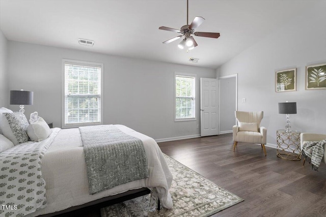1643 Southcross St, Fuquay Varina, NC 27526 - bedroom featuring dark wood finished floors, vaulted ceiling, and ceiling fan