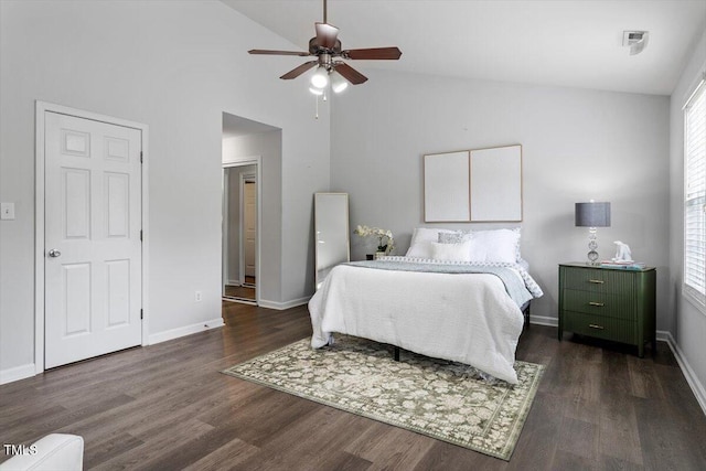 1643 Southcross St, Fuquay Varina, NC 27526 - bedroom featuring high vaulted ceiling, wood finished floors, multiple windows, and ceiling fan