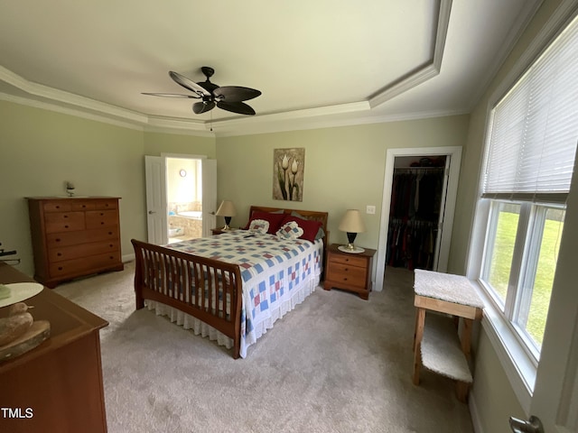 1034 Snapdragon Dr, Wake Forest, NC 27587 - bedroom with light carpet, crown molding, a raised ceiling, a walk in closet, and a ceiling fan