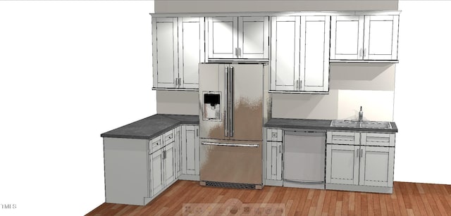 90 Miry Creek Ln, Clinton, NC 28328 - kitchen featuring high end fridge, white dishwasher, dark countertops, and light wood-type flooring