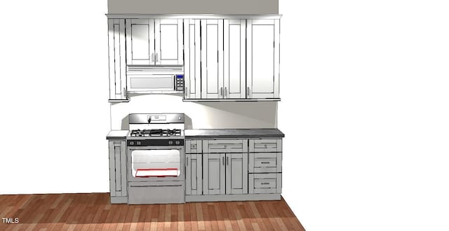 90 Miry Creek Ln, Clinton, NC 28328 - kitchen featuring stainless steel microwave, gas stove, gray cabinets, and light wood finished floors