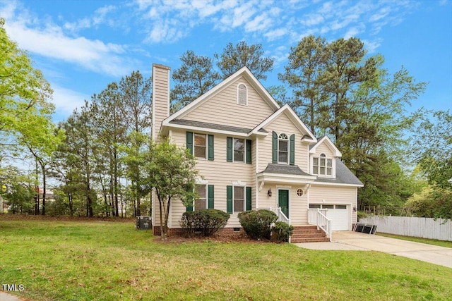 903 Norood Ln, Apex, NC 27502 - traditional-style house with driveway, crawl space, a chimney, an attached garage, and a shingled roof