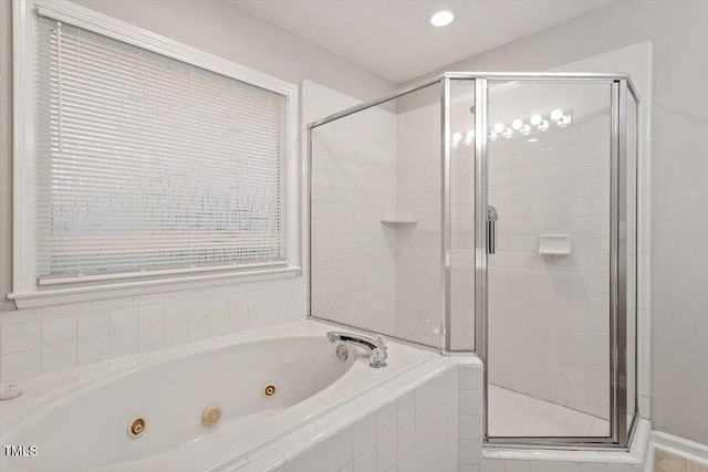 903 Norood Ln, Apex, NC 27502 - full bathroom with a tub with jets, a shower stall, and recessed lighting
