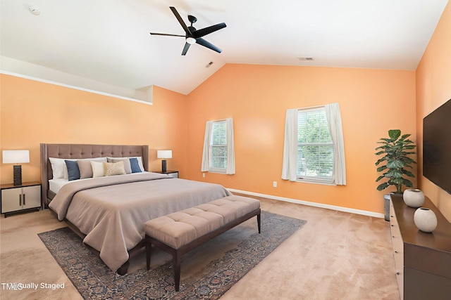 2486 Ingleside Dr, High Point, NC 27265 - bedroom with light colored carpet, lofted ceiling, and ceiling fan