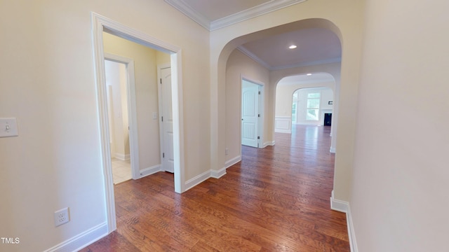 1524 Lily Creek Dr, Cary, NC 27518 - corridor with arched walkways, wood finished floors, and crown molding