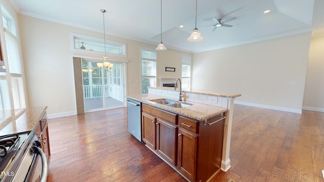 1524 Lily Creek Dr, Cary, NC 27518 - kitchen with dark wood-style floors, stainless steel appliances, ornamental molding, brown cabinets, and a chandelier