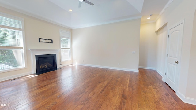 1524 Lily Creek Dr, Cary, NC 27518 - unfurnished living room featuring a ceiling fan, ornamental molding, hardwood / wood-style flooring, a fireplace with flush hearth, and recessed lighting