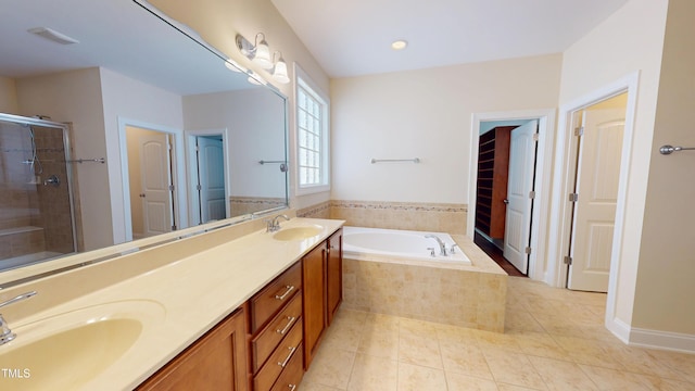 1524 Lily Creek Dr, Cary, NC 27518 - full bath with a shower stall, double vanity, a bath, tile patterned flooring, and recessed lighting