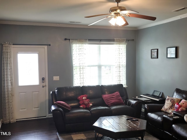 1303 Salters St, Burlington, NC 27215 - living room with ceiling fan, dark wood-style floors, and ornamental molding
