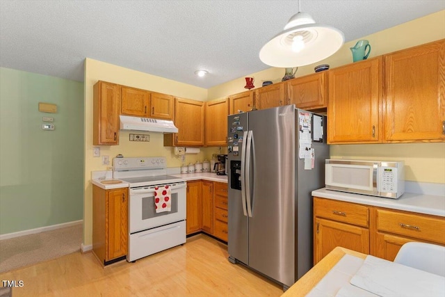 4201 Pin Oak Dr, Durham, NC 27707 - kitchen featuring white appliances, under cabinet range hood, light wood-style floors, light countertops, and a textured ceiling