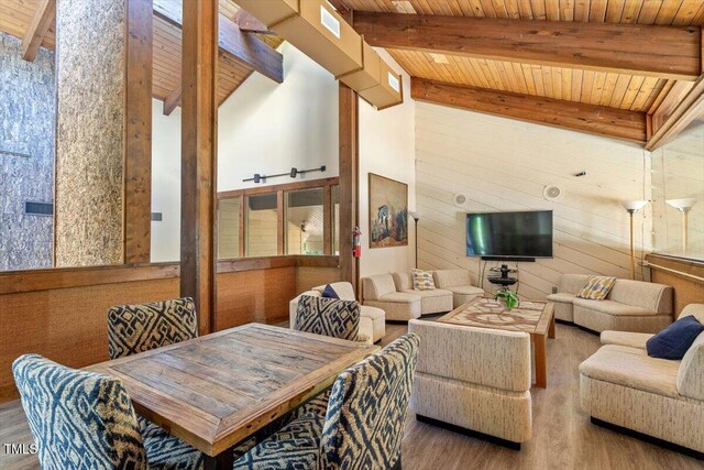 4201 Pin Oak Dr, Durham, NC 27707 - living room with wood finished floors, a wood ceiling with exposed beams, and wood walls