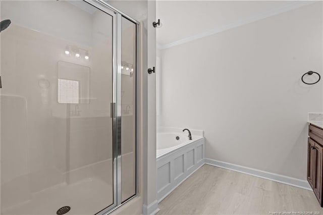 297 Colonist Pl, Cameron, NC 28326 - full bathroom featuring a shower stall, vanity, a bath, crown molding, and wood finished floors