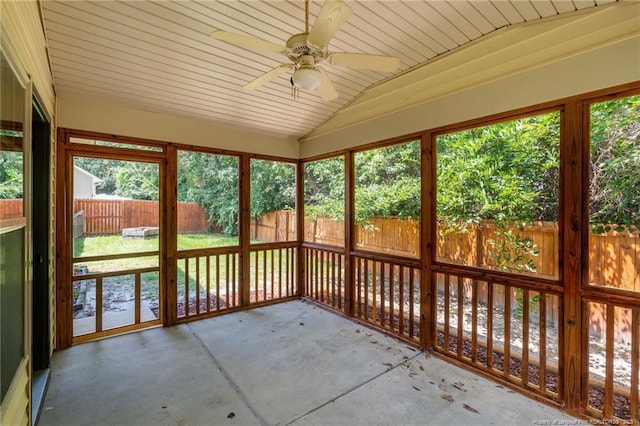 297 Colonist Pl, Cameron, NC 28326 - unfurnished sunroom featuring ceiling fan, lofted ceiling, and a water view