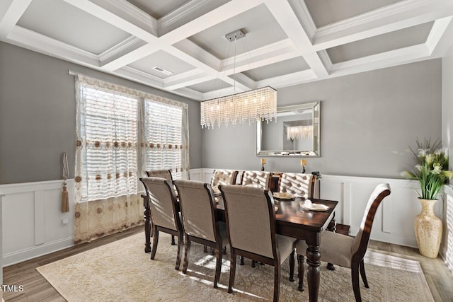 27 Needham Ln, Clayton, NC 27527 - dining space with wood finished floors, wainscoting, beam ceiling, coffered ceiling, and a chandelier