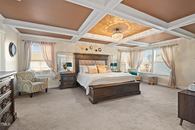27 Needham Ln, Clayton, NC 27527 - carpeted bedroom with coffered ceiling, multiple windows, beam ceiling, and crown molding