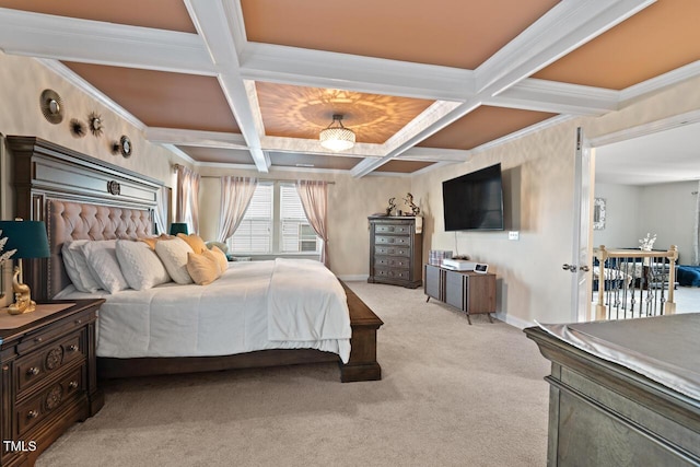 27 Needham Ln, Clayton, NC 27527 - bedroom with coffered ceiling, light colored carpet, beamed ceiling, and crown molding