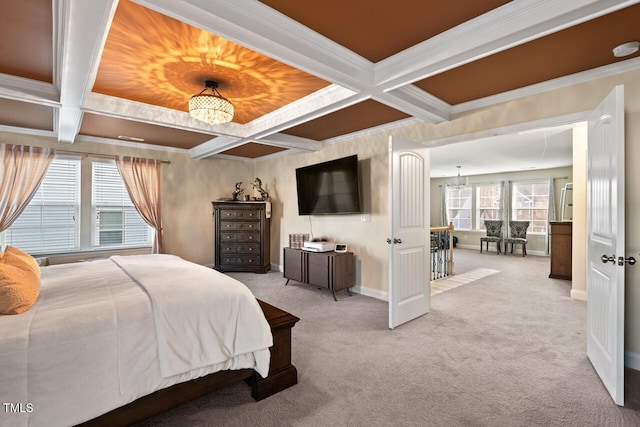 27 Needham Ln, Clayton, NC 27527 - bedroom featuring coffered ceiling, carpet, beamed ceiling, and ornamental molding