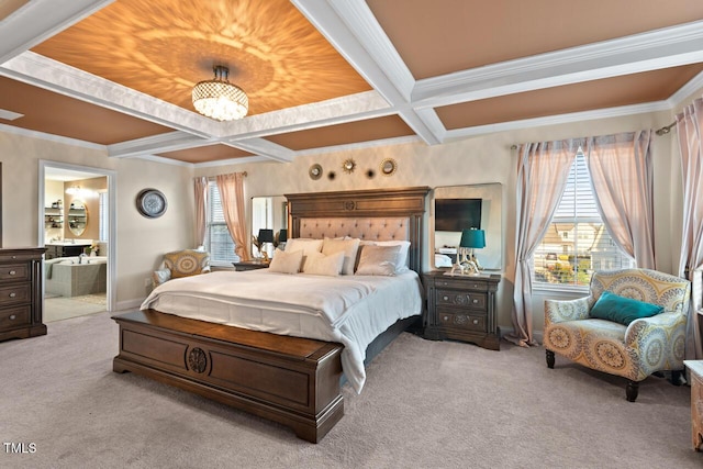 27 Needham Ln, Clayton, NC 27527 - carpeted bedroom featuring coffered ceiling, beam ceiling, crown molding, and ensuite bathroom