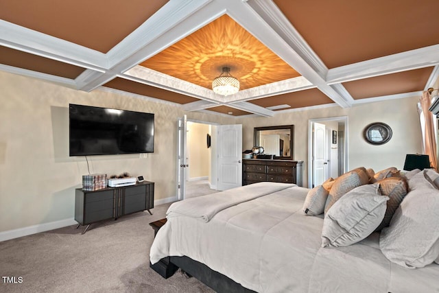 27 Needham Ln, Clayton, NC 27527 - carpeted bedroom with coffered ceiling, beam ceiling, ornamental molding, and ensuite bath