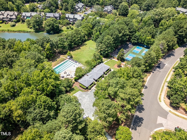 7 Weybridge Pl, Chapel Hill, NC 27517 - aerial view of a pool area and a nearby body of water