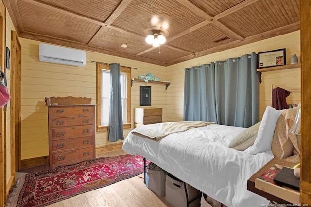 1203 Simpson St, Fayetteville, NC 28305 - bedroom with wooden ceiling, an AC wall unit, wood finished floors, wooden walls, and electric panel