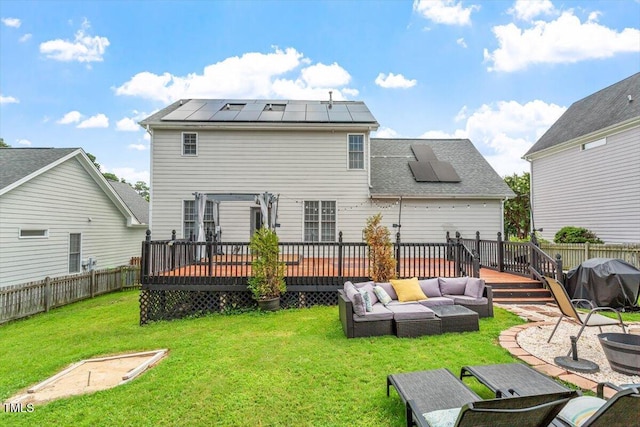 2301 Laurel Valley Way, Raleigh, NC 27604 - rear view of property featuring an outdoor hangout area, a wooden deck, a fenced backyard, and solar panels