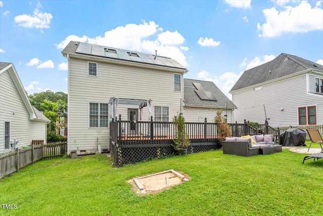 2301 Laurel Valley Way, Raleigh, NC 27604 - rear view of house featuring outdoor lounge area, a deck, solar panels, a fenced backyard, and crawl space