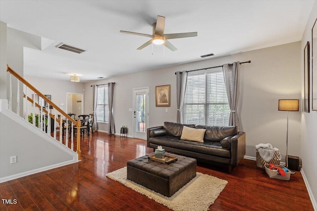 2301 Laurel Valley Way, Raleigh, NC 27604 - living room featuring ceiling fan, stairs, and wood finished floors