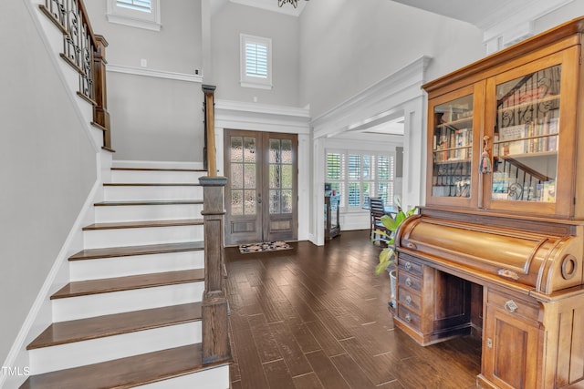 3329 Donlin Dr, Wake Forest, NC 27587 - foyer with a towering ceiling, french doors, dark wood-type flooring, plenty of natural light, and stairs