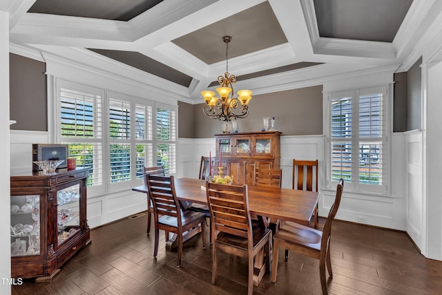 3329 Donlin Dr, Wake Forest, NC 27587 - dining room featuring a decorative wall, wainscoting, a chandelier, coffered ceiling, and ornamental molding