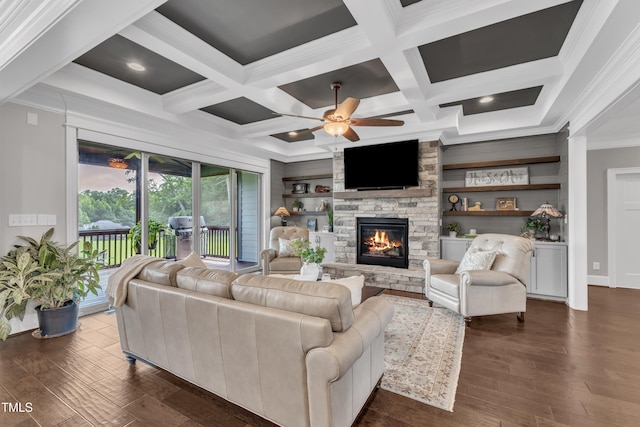 3329 Donlin Dr, Wake Forest, NC 27587 - living room with ceiling fan, dark wood-style flooring, crown molding, a fireplace, and coffered ceiling