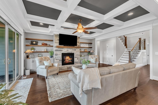 3329 Donlin Dr, Wake Forest, NC 27587 - living area with dark wood-type flooring, stairway, ceiling fan, ornamental molding, and a stone fireplace