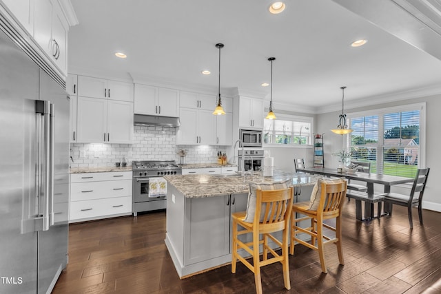 3329 Donlin Dr, Wake Forest, NC 27587 - kitchen with built in appliances, dark wood-style flooring, decorative backsplash, white cabinetry, and crown molding