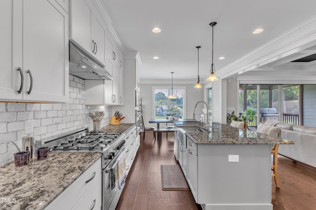 3329 Donlin Dr, Wake Forest, NC 27587 - kitchen featuring high end range, open floor plan, crown molding, dark stone countertops, and recessed lighting