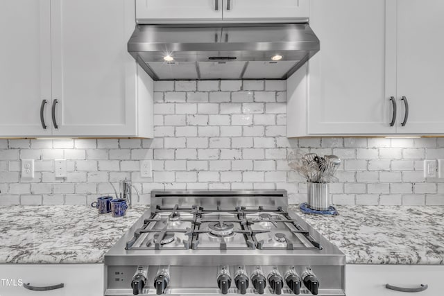 3329 Donlin Dr, Wake Forest, NC 27587 - kitchen featuring backsplash, range hood, white cabinetry, and light stone counters