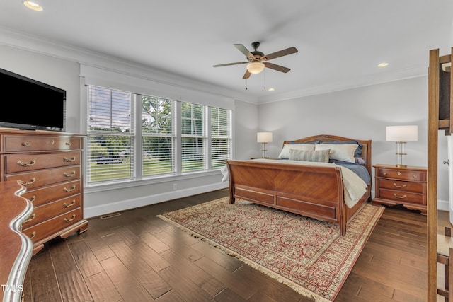 3329 Donlin Dr, Wake Forest, NC 27587 - bedroom with ornamental molding, dark wood-style flooring, a ceiling fan, and recessed lighting
