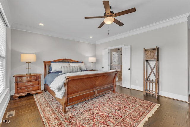 3329 Donlin Dr, Wake Forest, NC 27587 - bedroom featuring ornamental molding, multiple windows, dark wood finished floors, recessed lighting, and ensuite bathroom