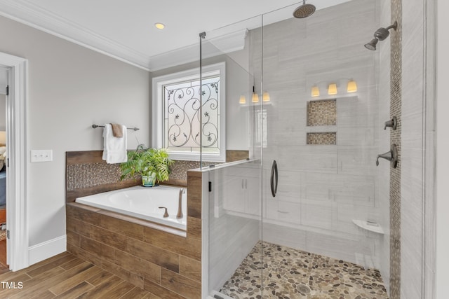 3329 Donlin Dr, Wake Forest, NC 27587 - full bath with a stall shower, crown molding, a garden tub, and wood finished floors