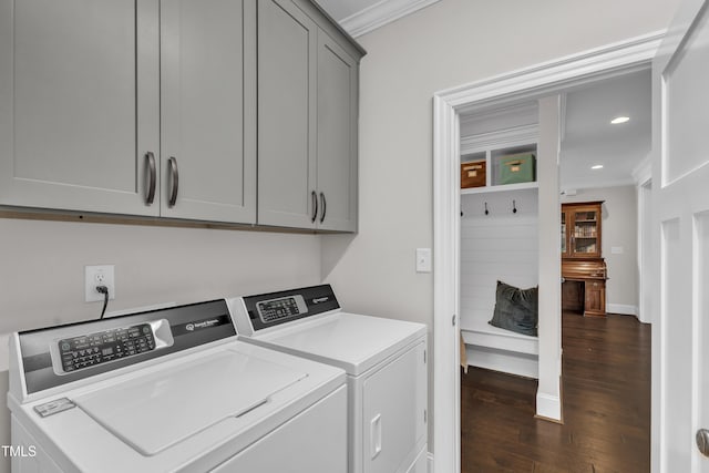 3329 Donlin Dr, Wake Forest, NC 27587 - laundry room with cabinet space, ornamental molding, independent washer and dryer, dark wood-style floors, and recessed lighting